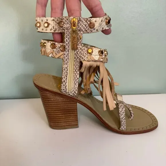 Ivy Kirzhner Sandals 9 Brown Snake Fringe Studded Hildagar Buckle Strappy Ankle
